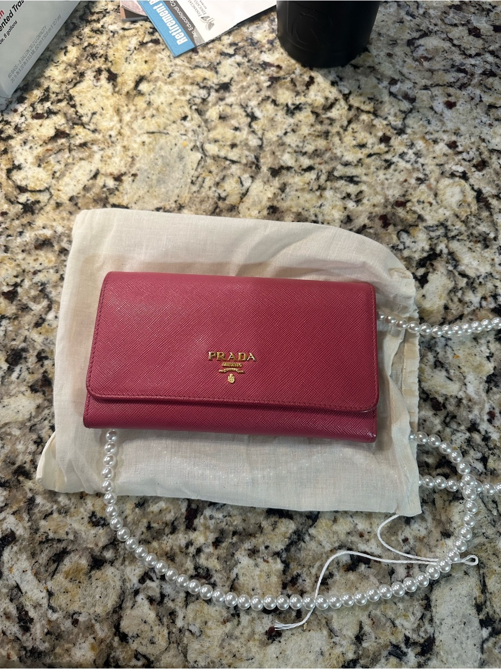 Authentic Prada Pink Saffiano Leather Wallet with Gold Logo with faux pearls